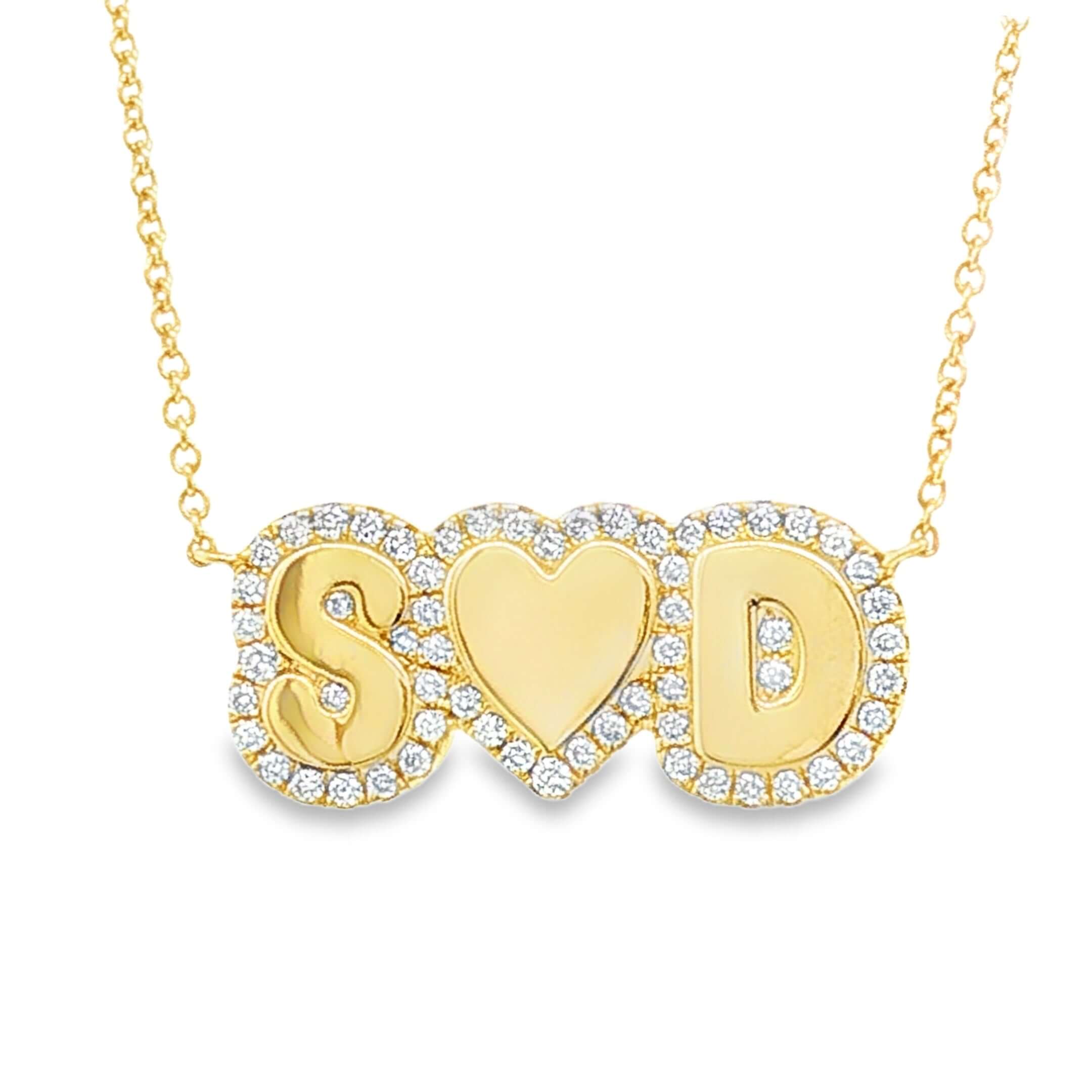 14K Gold Personalized Diamond Cloud Nameplate Necklace with diamond-encrusted initials and heart charm.