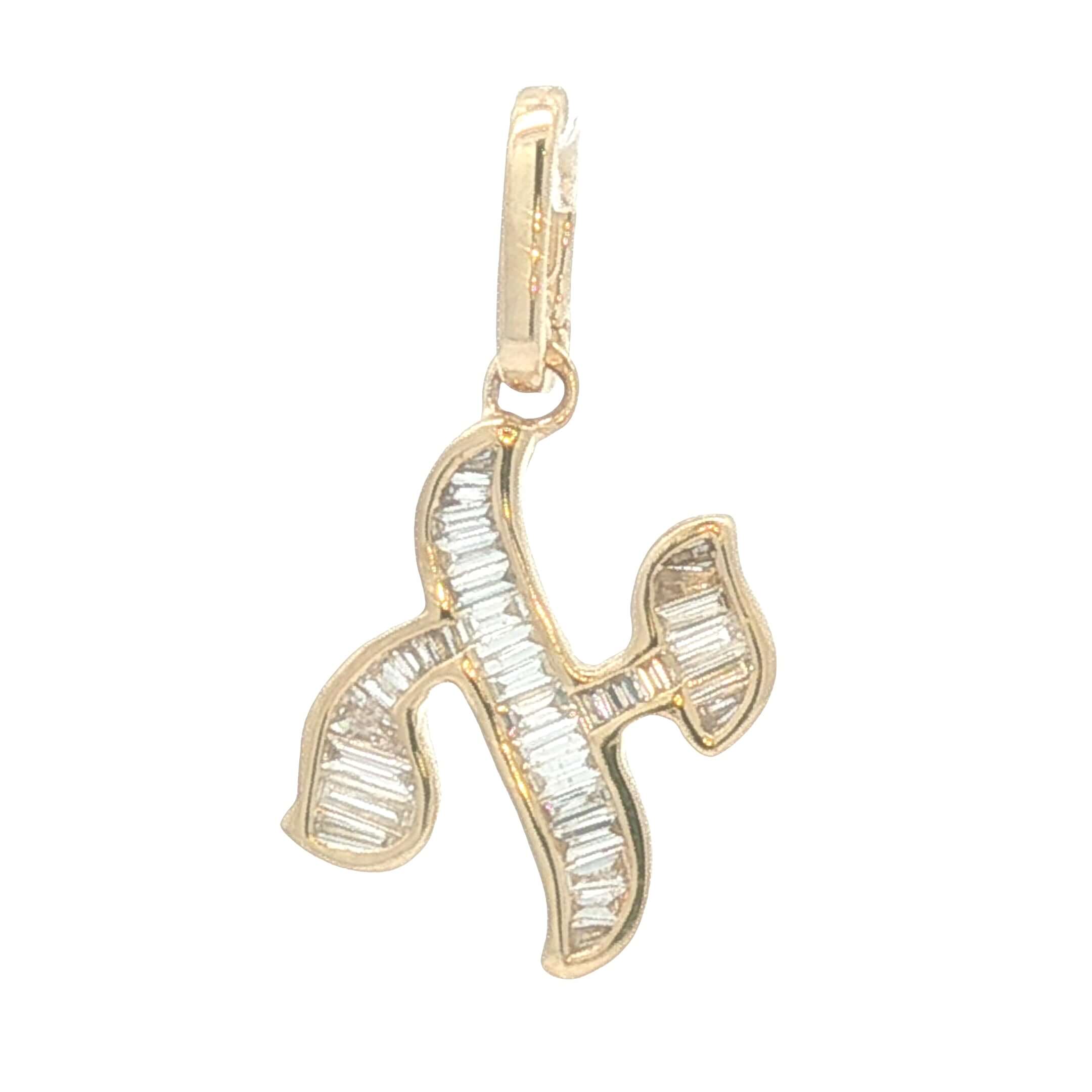 Baguette Diamond Hebrew Initial Necklace Charm featuring precision-set baguette diamonds in 14K Gold by Izakov Fine Jewelry.