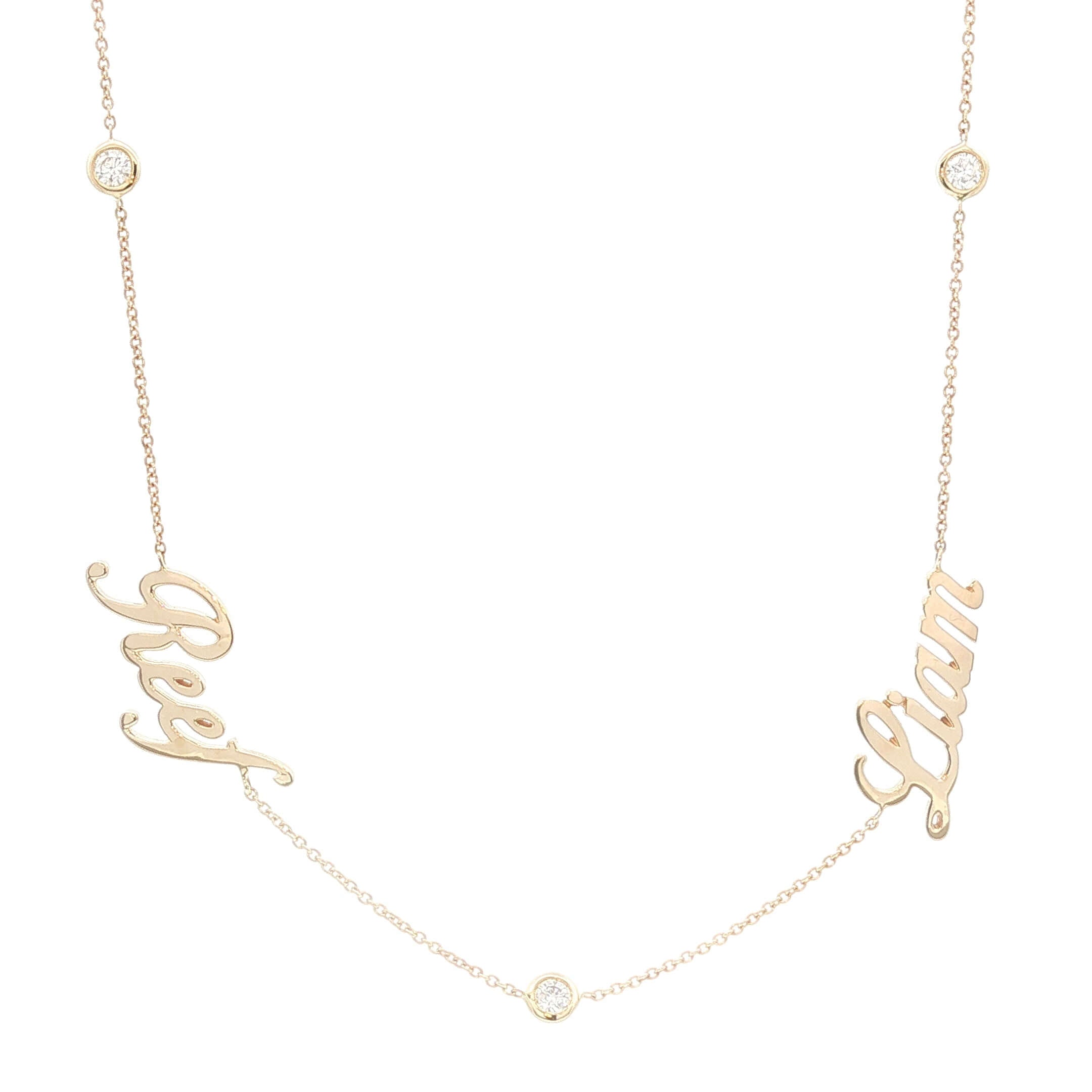 14K Gold Multiple Name Diamond Bezels Station Necklace showcasing personalized name bezels with diamonds.