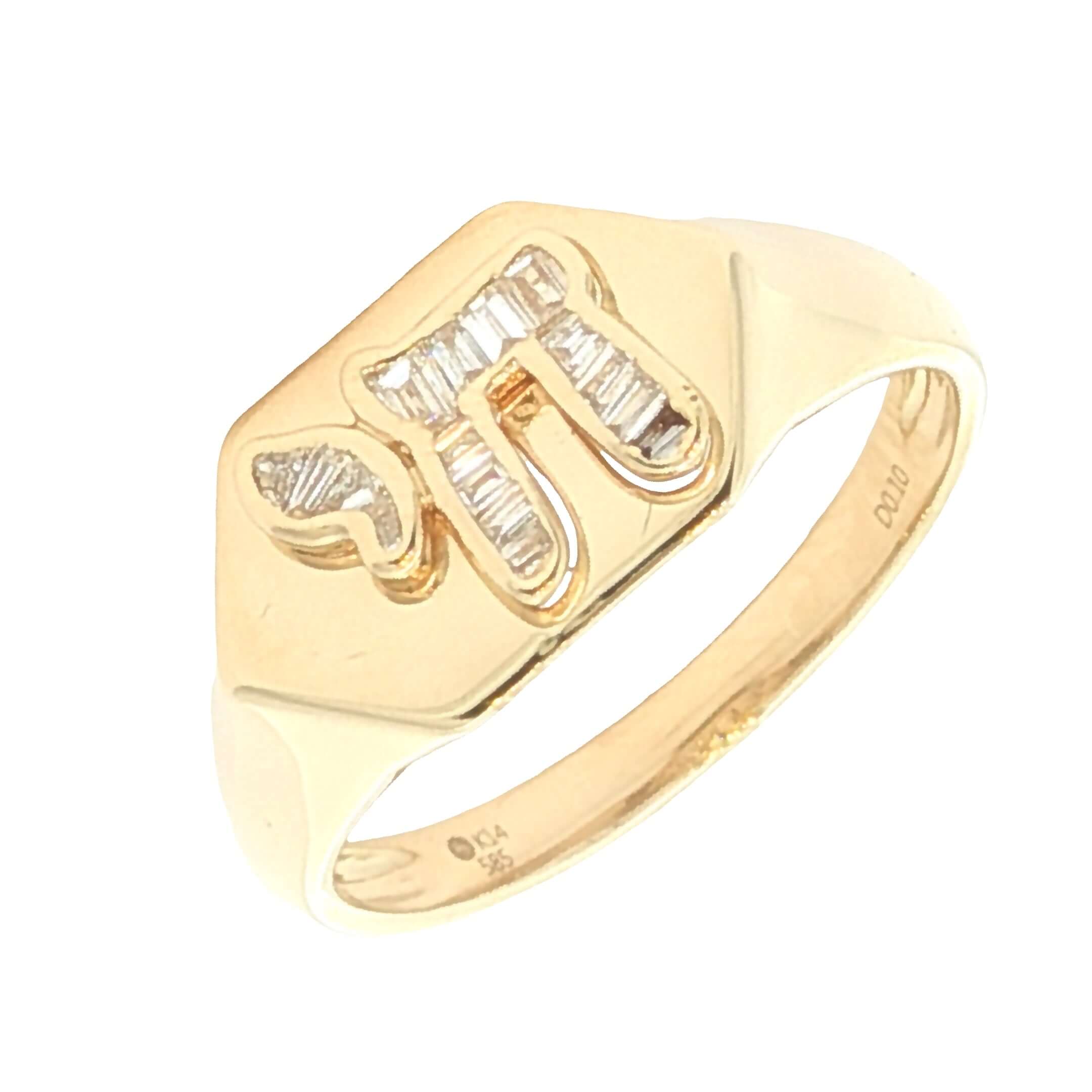 14K Gold Hebrew Chai Baguette Diamond Signet Ring featuring baguette diamonds and symbolic design.