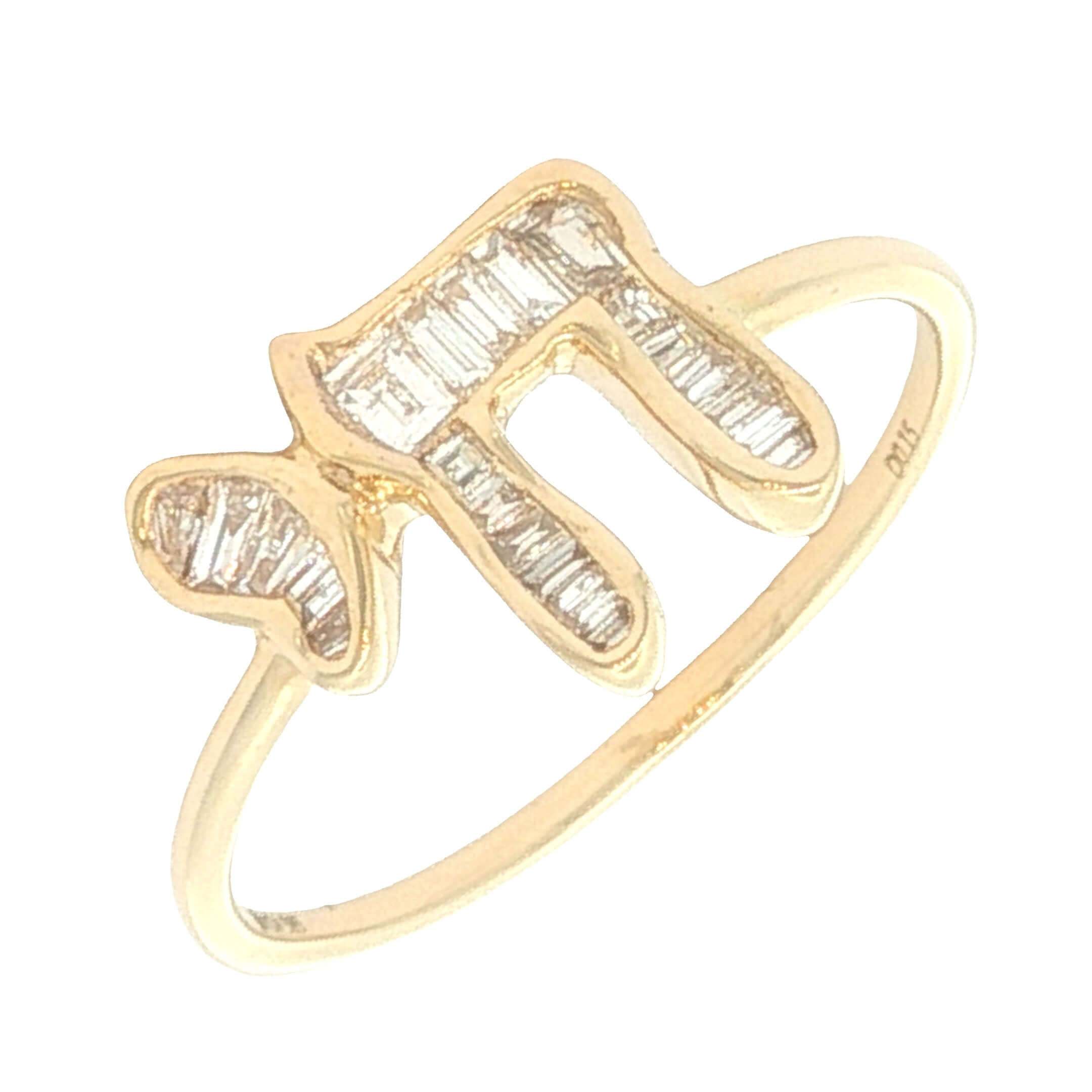 14K Gold Hebrew Chai Baguette Diamond Ring featuring elegant baguette diamonds in a sleek design.