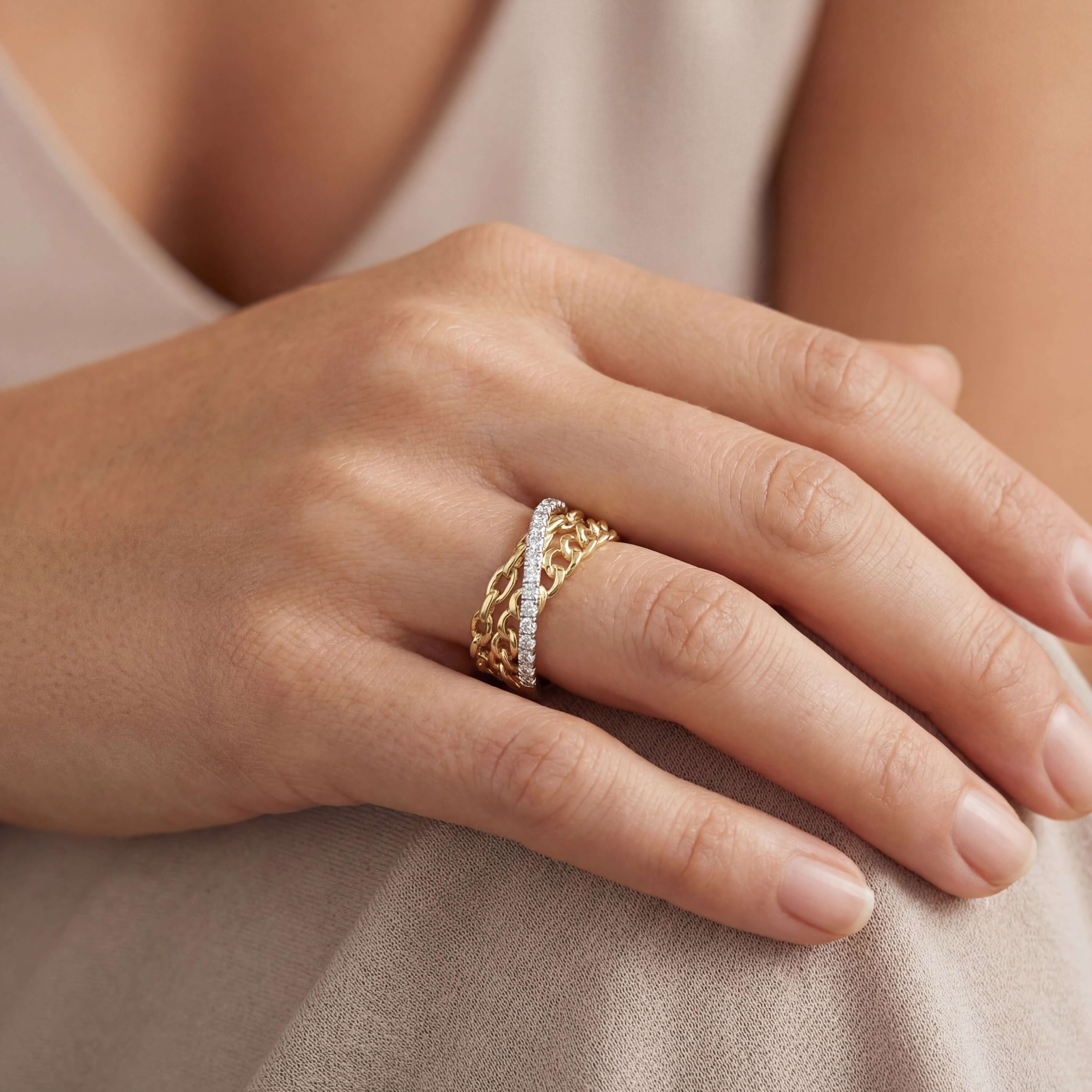 Crossover Multi Link Diamond Ring worn on a hand showcasing its intricate design and sparkling pavé-set diamonds.