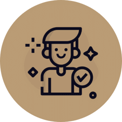 Happy customer icon on brown circular background, representing customer satisfaction for our jewelry brand.