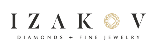 Izakov Fine Jewelry logo featuring elegant lettering and a diamond motif.
