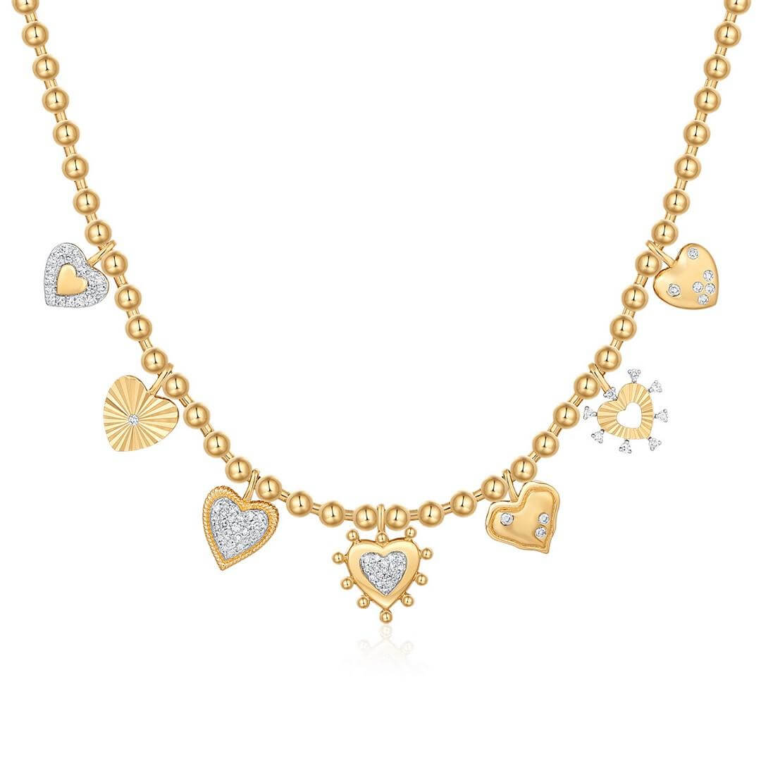 14K Gold Heart Charms Ball Beaded Diamond Necklace featuring intricate heart charms on a delicate beaded chain.