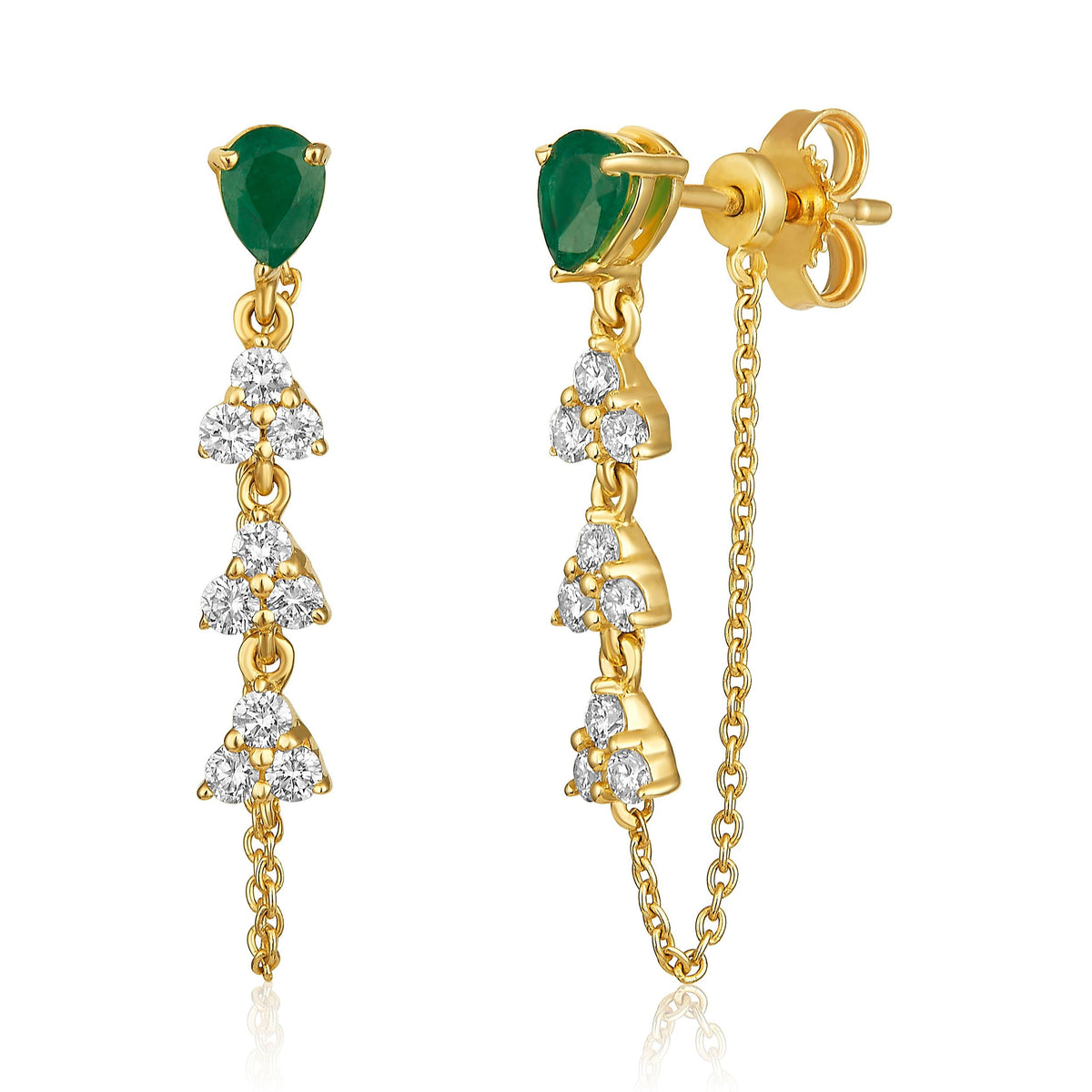 Emerald and Diamond Pear Trio Cluster Chain Drop Earrings in 14k yellow gold