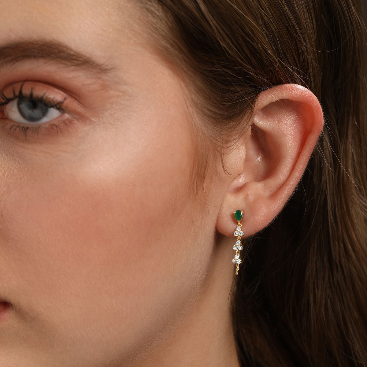 Emerald and Diamond Pear Trio Cluster Chain Drop Earrings in 14k yellow gold