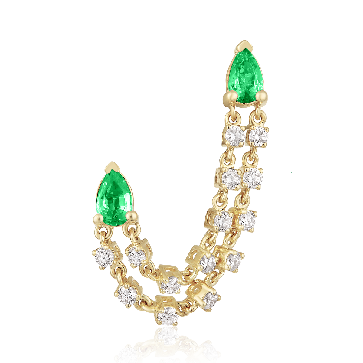 Emerald and Diamond Pear Double Chain Stud Earrings in 14k yellow gold