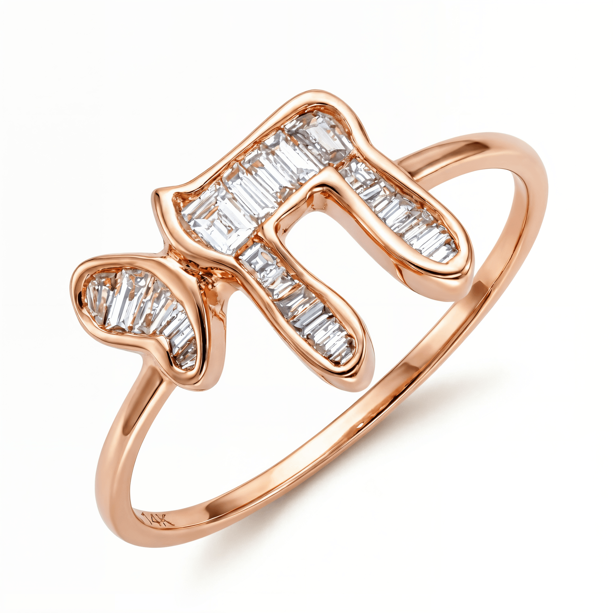 Hebrew Chai Baguette Diamond Ring featuring baguette diamonds and 14K gold, elegant and meaningful design.