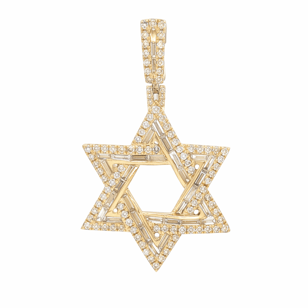 Baguette & Round Diamond Star of David Pendant in solid 14k yellow gold with brilliant diamonds.