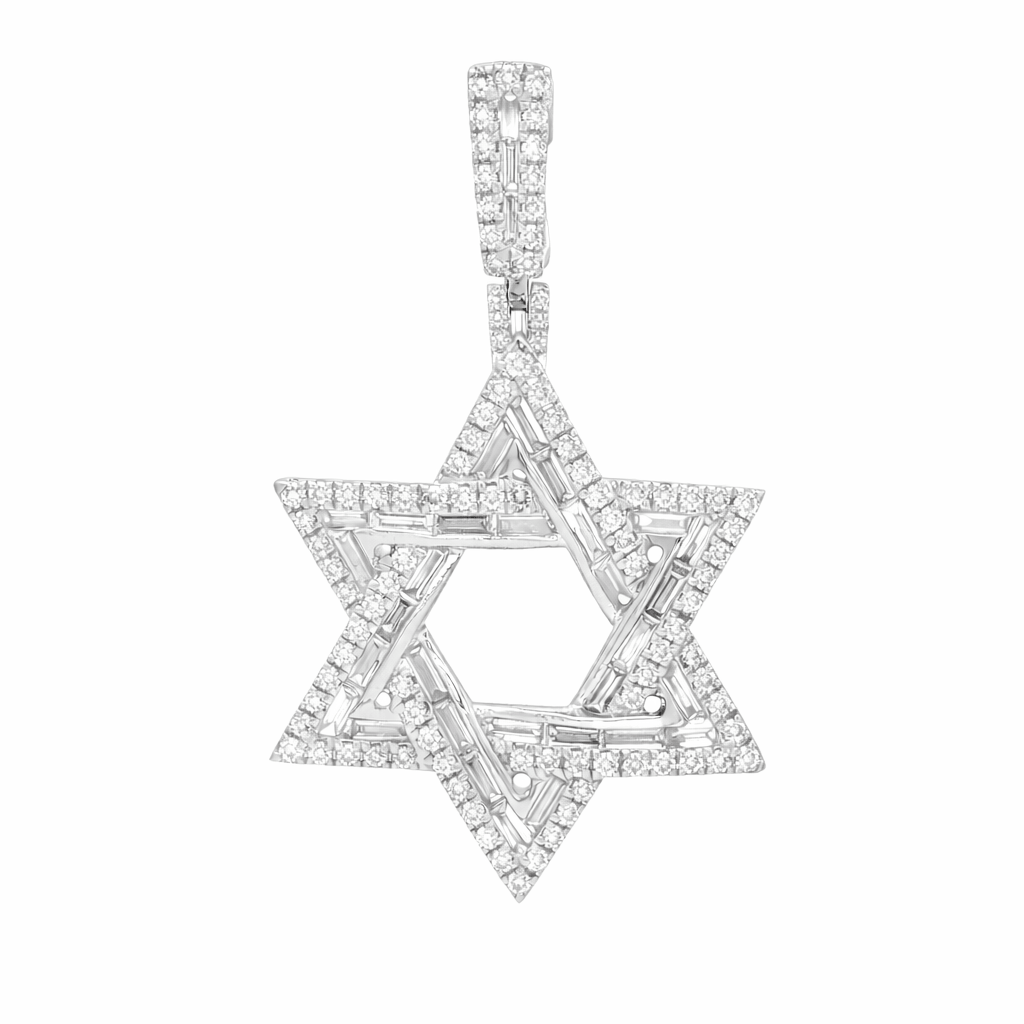 Baguette & Round Diamond Star of David Pendant in 14k solid gold with dazzling diamond arrangement.