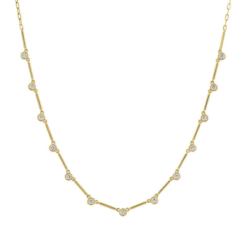 Bar link bezel diamond station necklace in 14k yellow gold