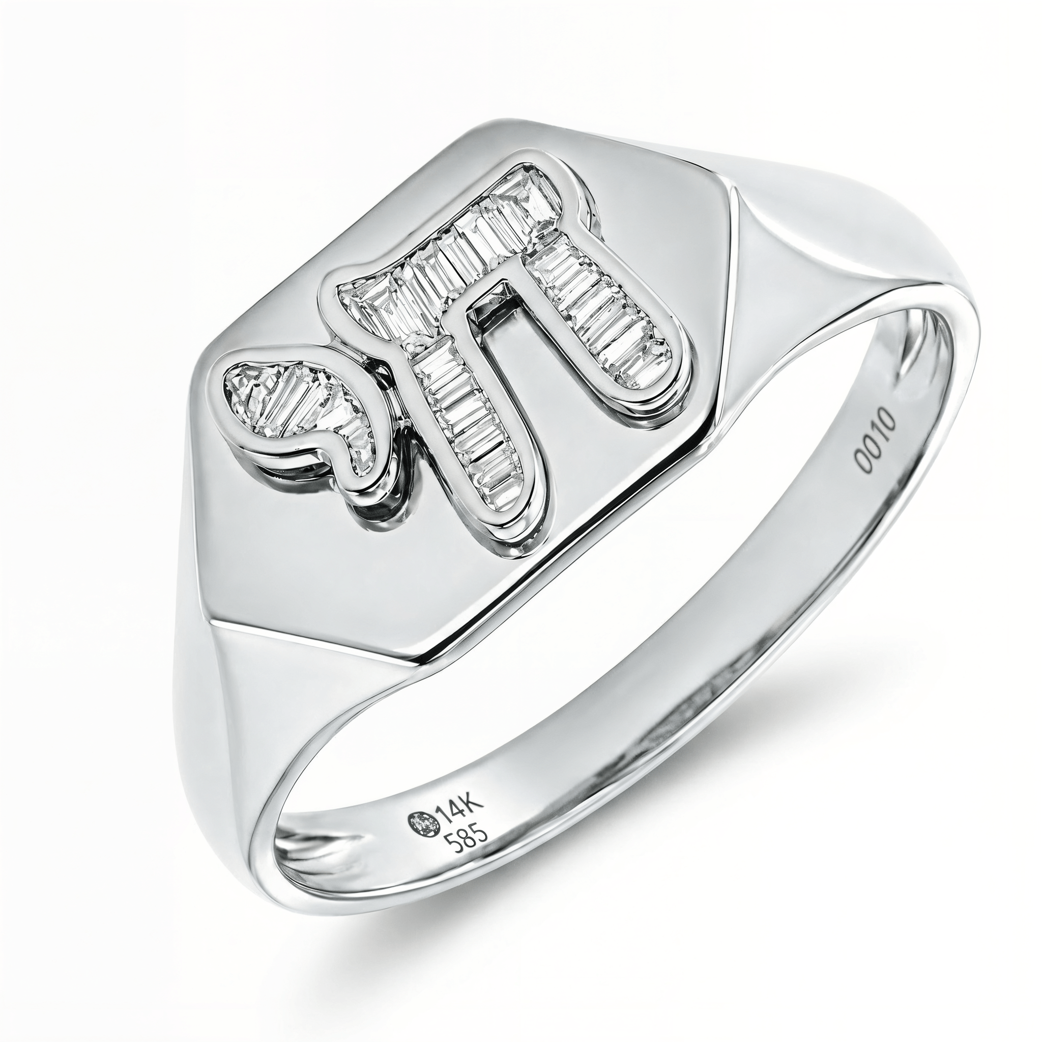 Hebrew Chai Baguette Diamond Signet Ring crafted in 14K gold featuring baguette diamonds and Hebrew symbol for life.