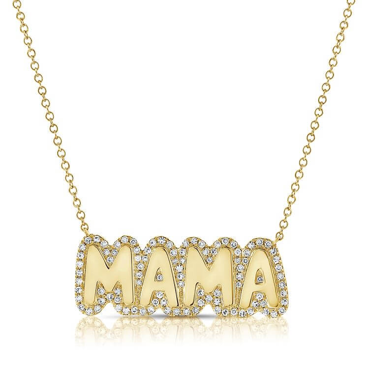 Cloud Mama Diamond Necklace featuring a gold 'MAMA' pendant adorned with sparkling diamonds.