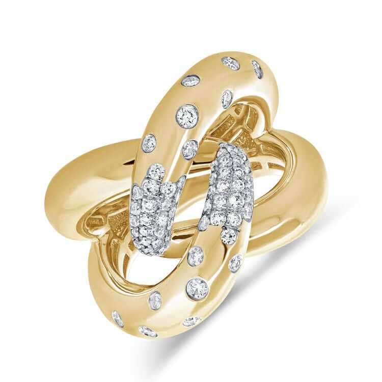 Crossover Confetti Diamond Ring featuring two gold bands intersecting with diamond accents.
