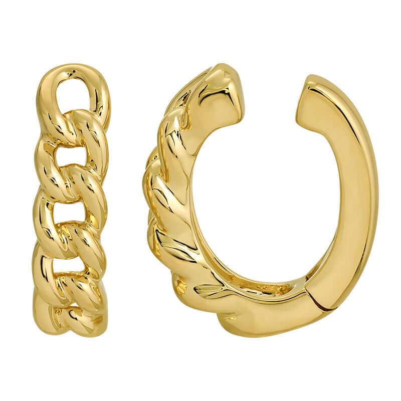 Cuban Link Gold Ear Cuff showcasing elegant 14K gold design and iconic interlocking pattern for stylish ear adornment.