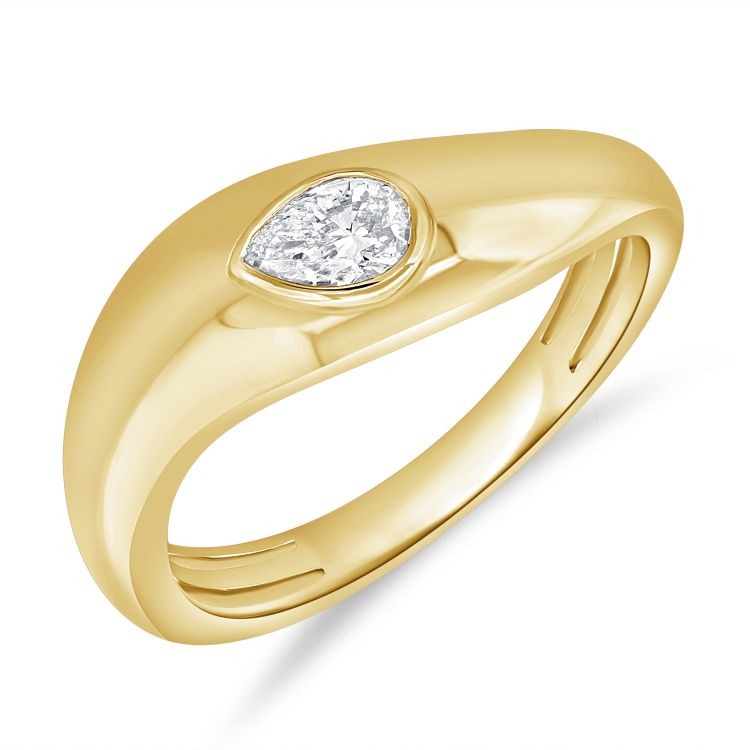 Curved Bezel Set Diamond Ring featuring a pear-shaped diamond in a sleek 14k gold band.