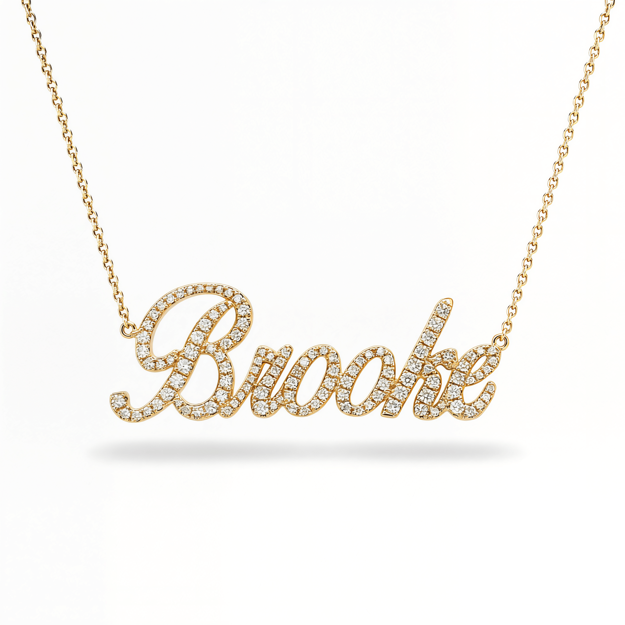 Personalized Script Nameplate Diamond Necklace with the name Brooke in sparkling diamonds.