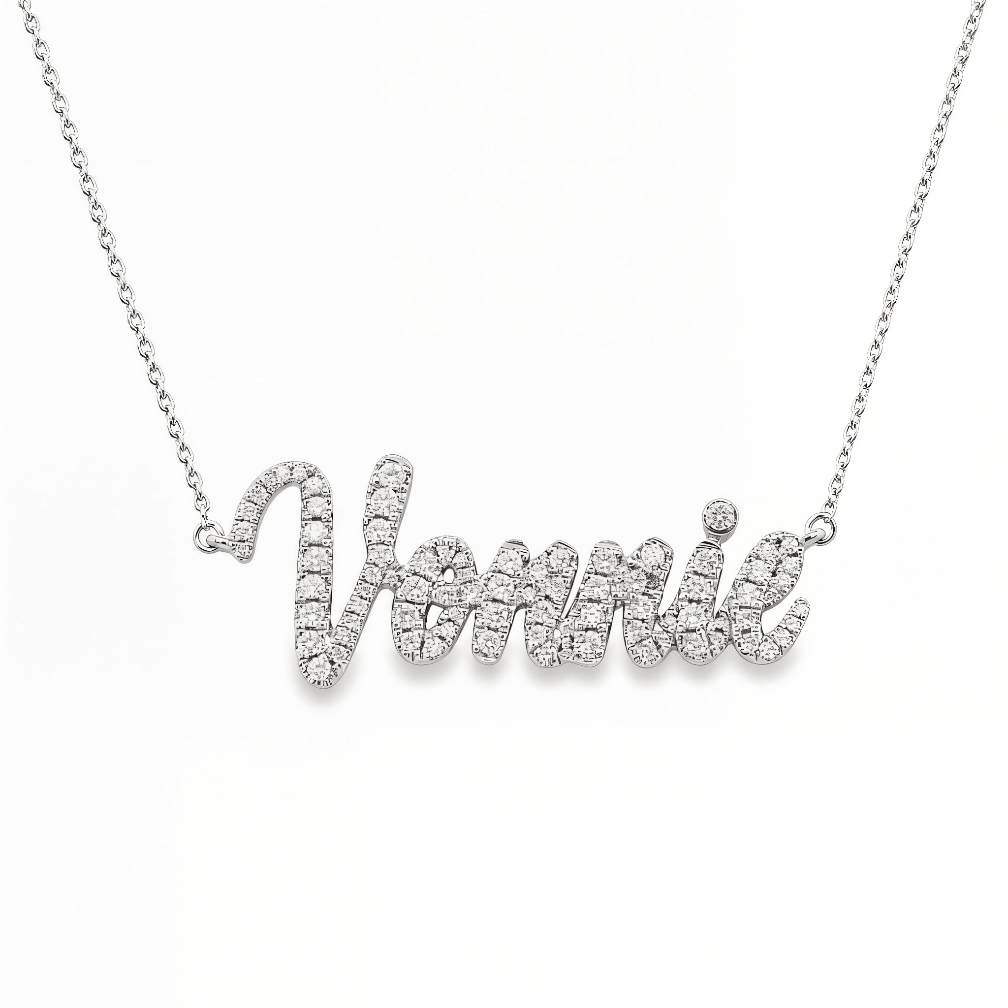 Personalized Script Nameplate Diamond Necklace with sparkling diamond letters spelling 'Vonnie'.