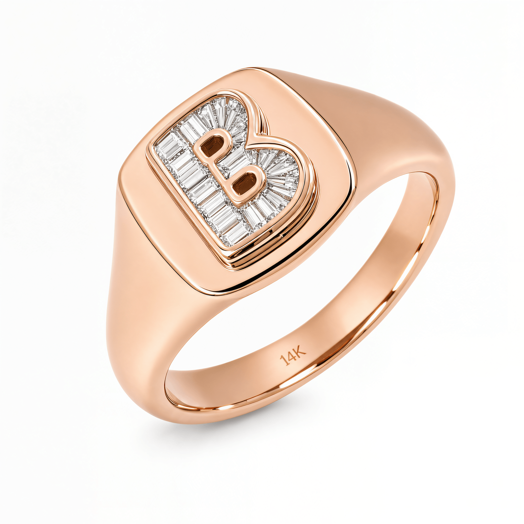 Baguette Diamond Initial Signet Ring featuring a rose gold design and a diamond-studded letter B.