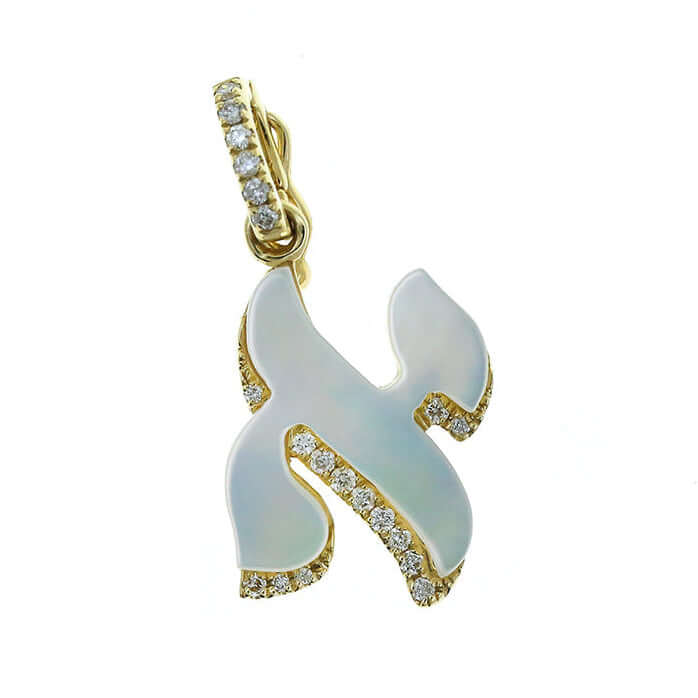Diamond Accented Hebrew Gemstone Initial Pendant © in mother of pearl with diamond accents, crafted by Izakov Fine Jewelry.