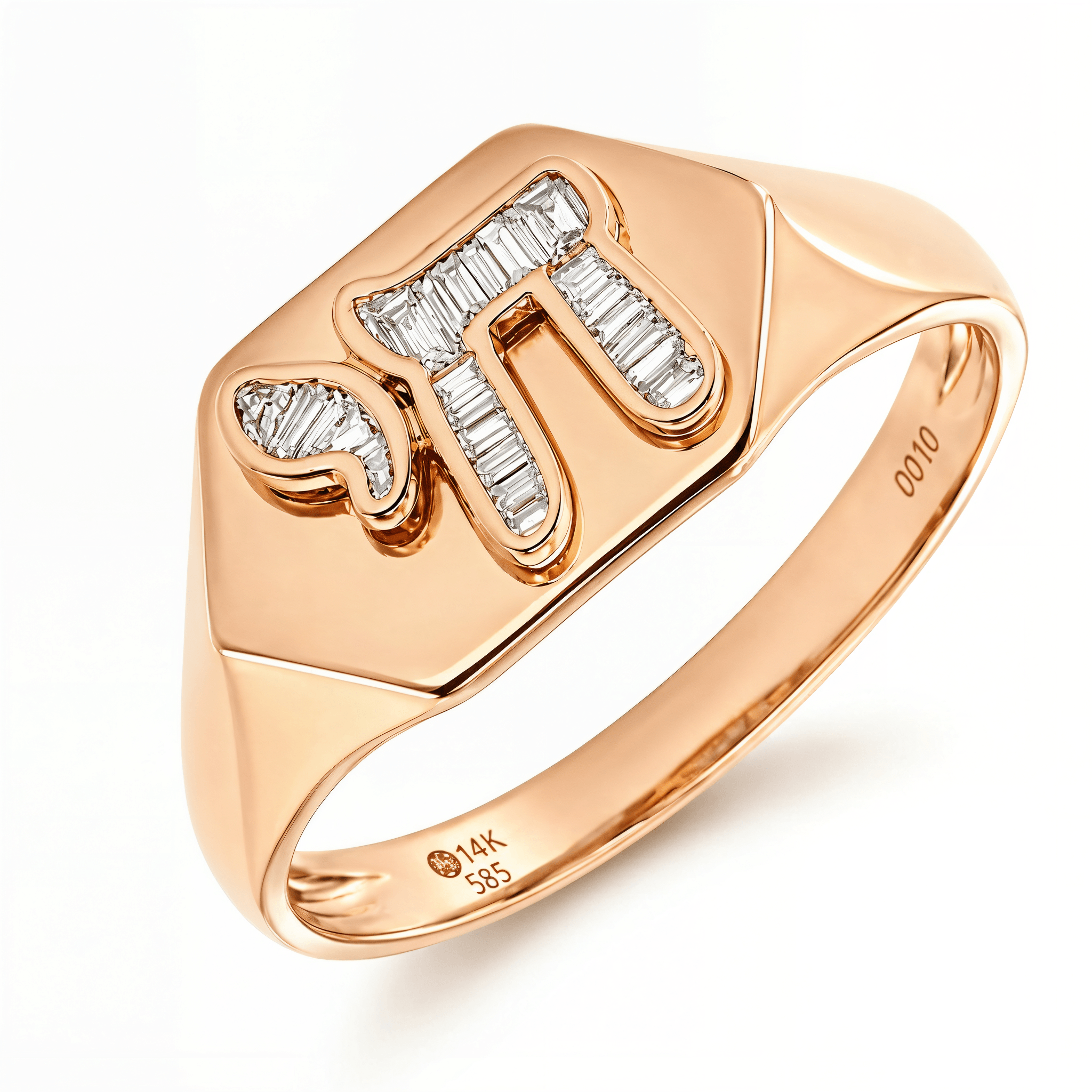 Hebrew Chai Baguette Diamond Signet Ring in 14K gold featuring baguette diamonds.