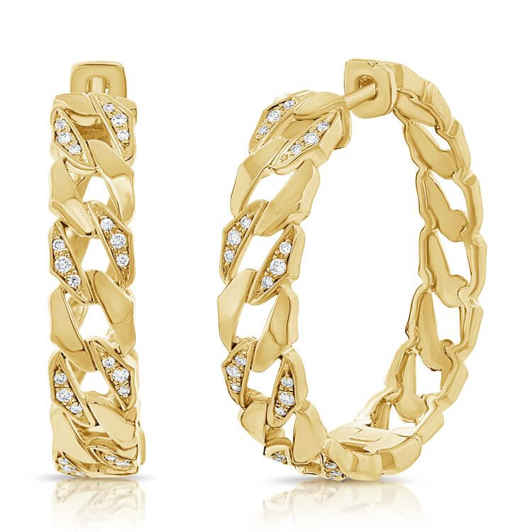 Diamond Cuban Link Hoop Earrings in 14k gold with diamonds showcasing elegance and sparkle.