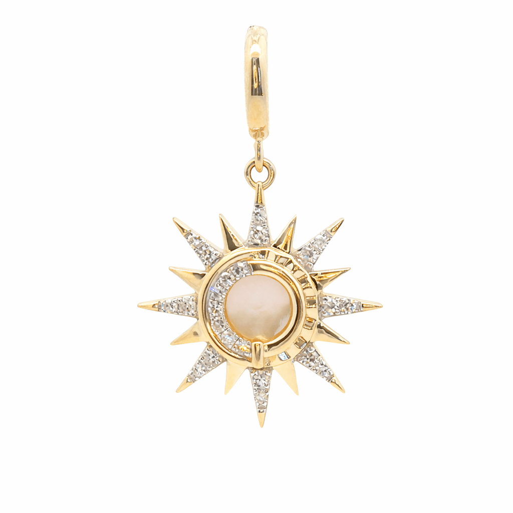 Diamond Sunburst Mother of Pearl Charm with a gold sunburst design and diamond accents.