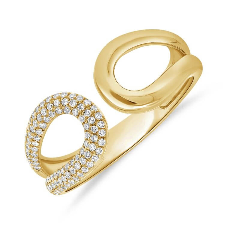 Elegant Double Loop Diamond Wrap Ring featuring polished gold and micro pavé diamonds for a modern, sculptural look.