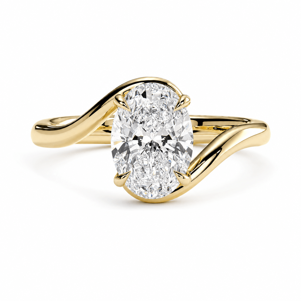 Embrace Lab Diamond Engagement Ring featuring a sculptural design and two oval lab diamonds in a yellow gold setting.