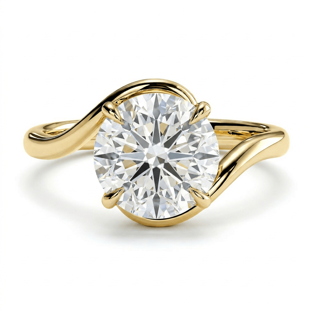 Embrace Lab Diamond Engagement Ring showcasing a flowing, sculptural design with a round diamond in a gold setting.