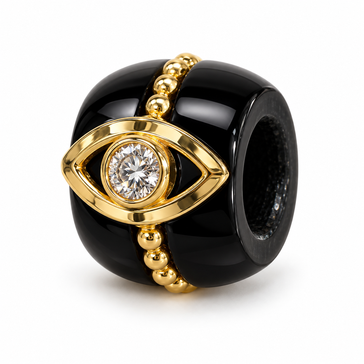 Evil Eye Gemstone Diamond Rondelle in onyx and 14k yellow gold