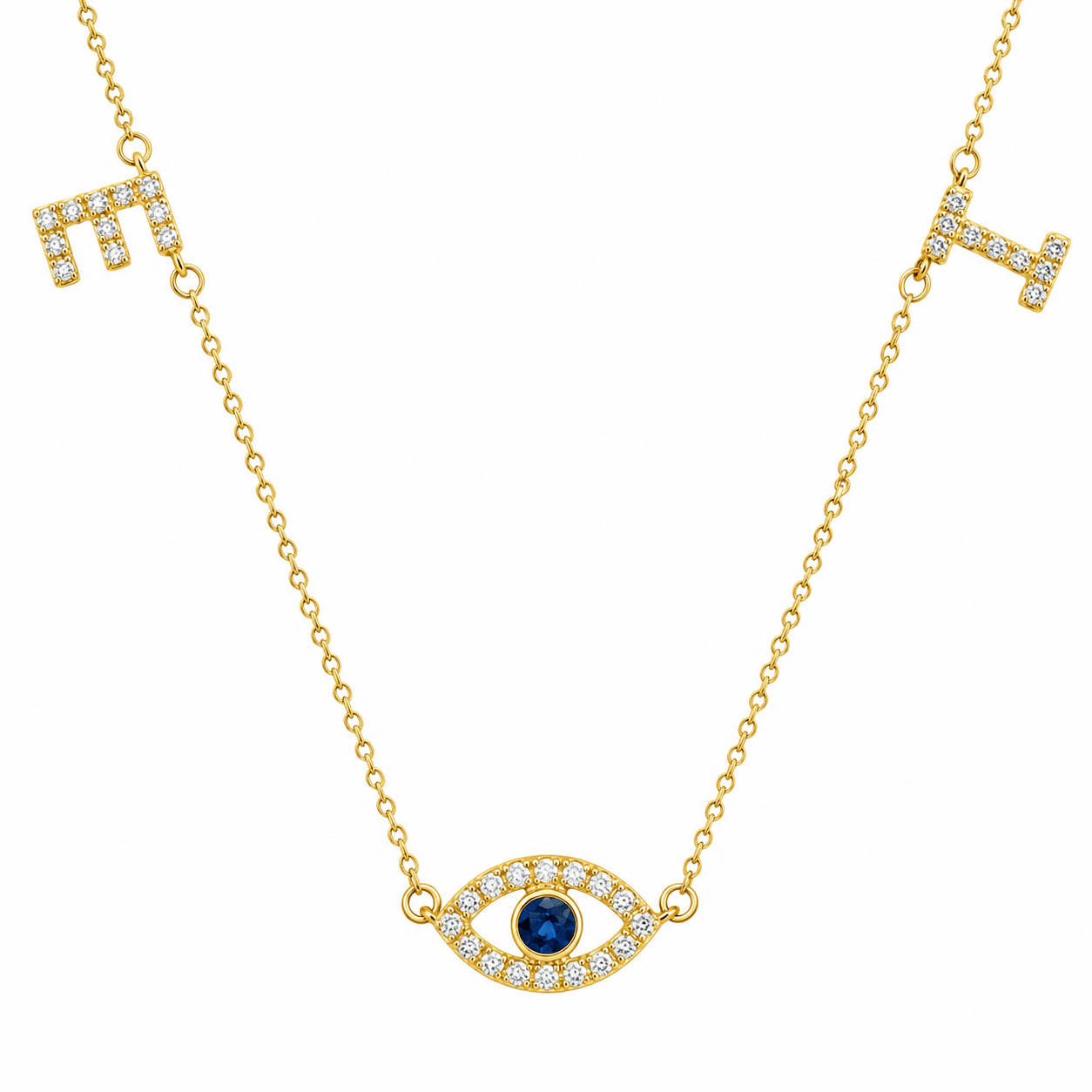 Personalized Initials & Motif Diamond Necklace featuring initials and an evil eye motif, beautifully crafted in 14K gold.