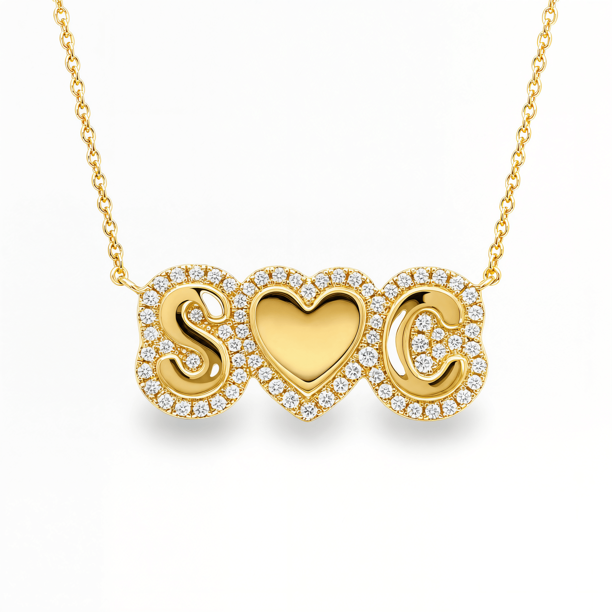 Personalized Love Could Diamond Necklace featuring a gold heart and initials S C, adorned with sparkling diamonds.