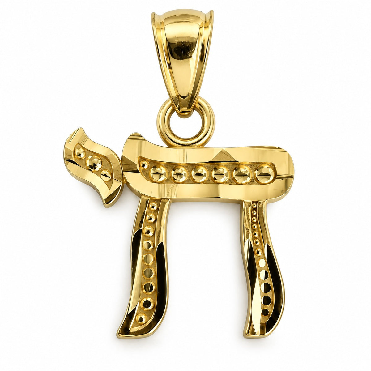 Faceted beaded Hebrew chai charm in 14k yellow gold