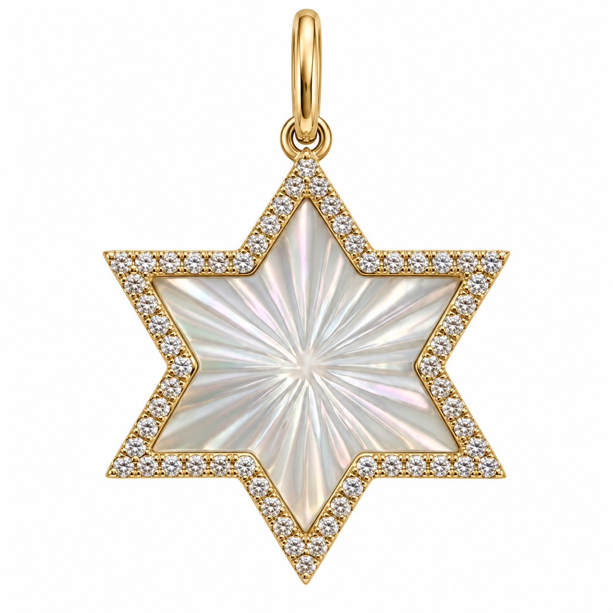 Fluted mother of pearl Star of David diamond pendant in 14k yellow gold