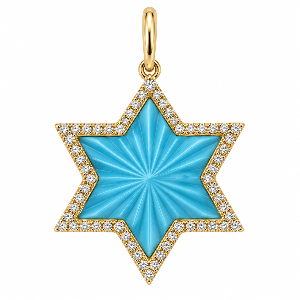 Fluted turquoise Star of David diamond pendant in 14k yellow gold