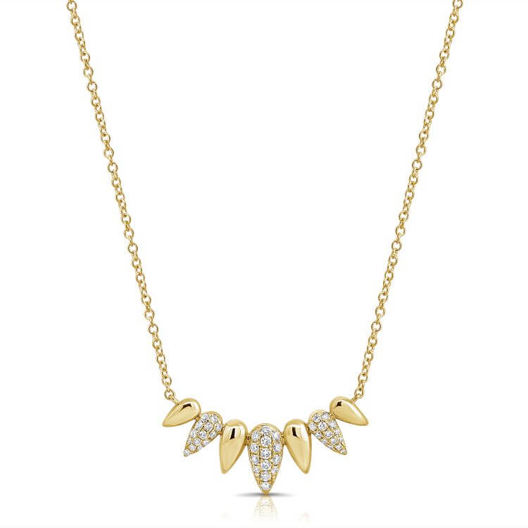 Graduated Diamond Teardrop Necklace featuring polished gold and diamond pavé charms, elegant design on a gold chain.