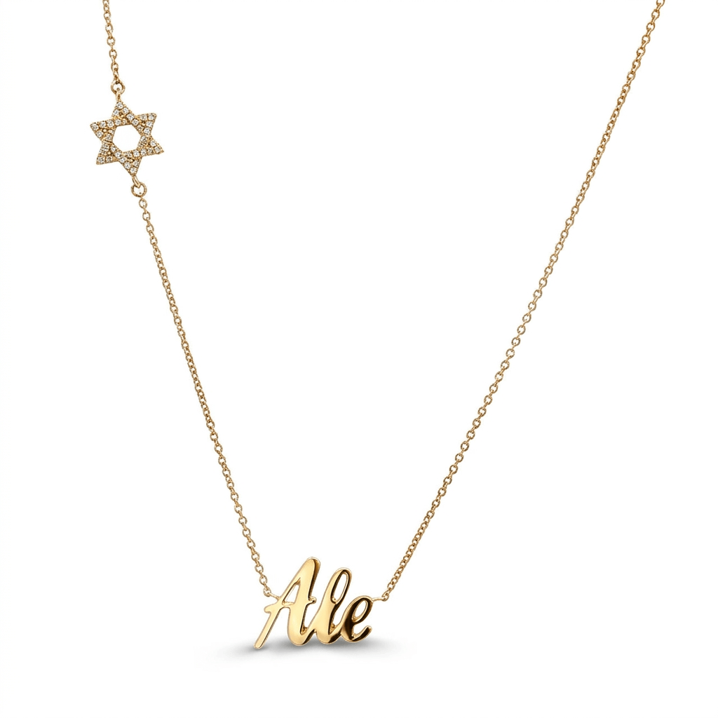 Diamond Motif Personalized Script Nameplate Necklace featuring a Star of David design and lowercase script name 'Ale' in 14K gold.