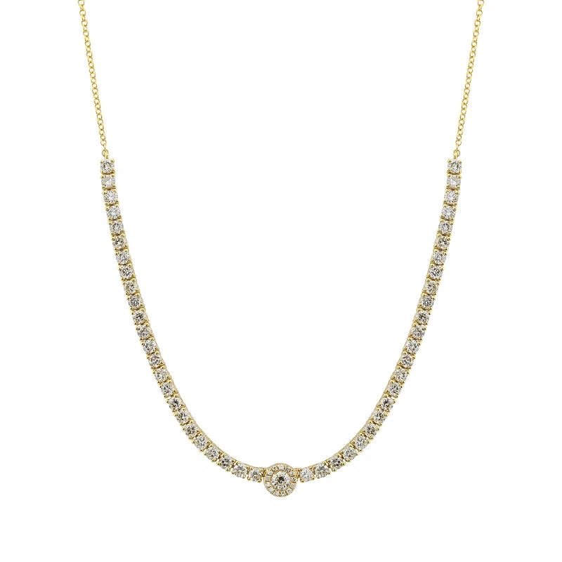 Halo center lab diamond tennis necklace in 14k yellow gold