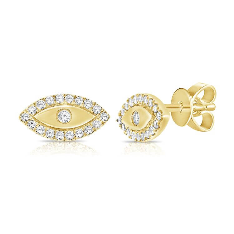 Halo Evil Eye Stud Earrings in 14k gold with diamond halo, elegant and protective design for everyday and special occasions.