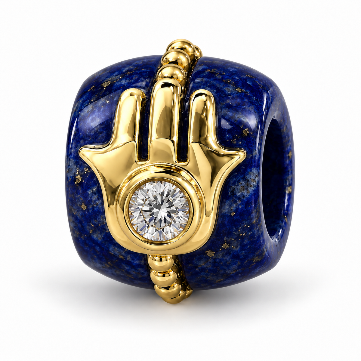 Hamsa Gemstone Diamond Rondelle in lapis and 14k yellow gold