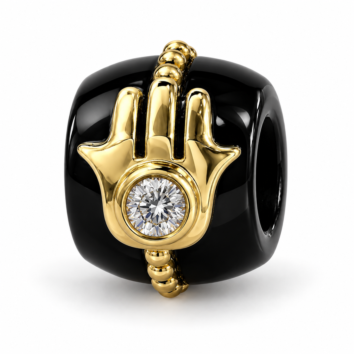 Hamsa Gemstone Diamond Rondelle in onyx and 14k yellow gold