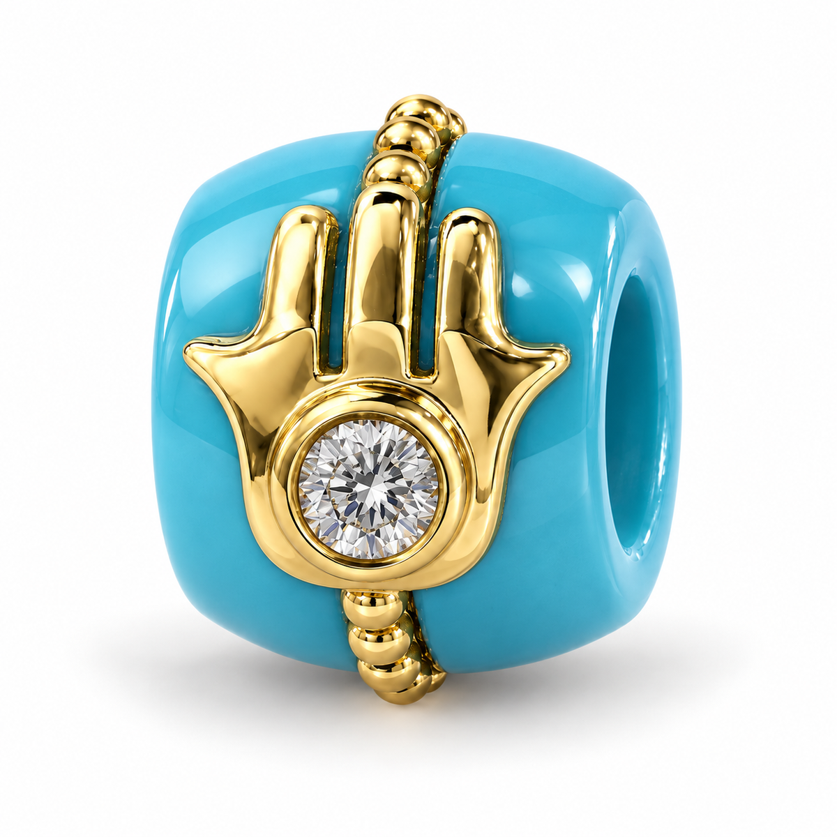 Hamsa Gemstone Diamond Rondelle in turquoise and 14k yellow gold
