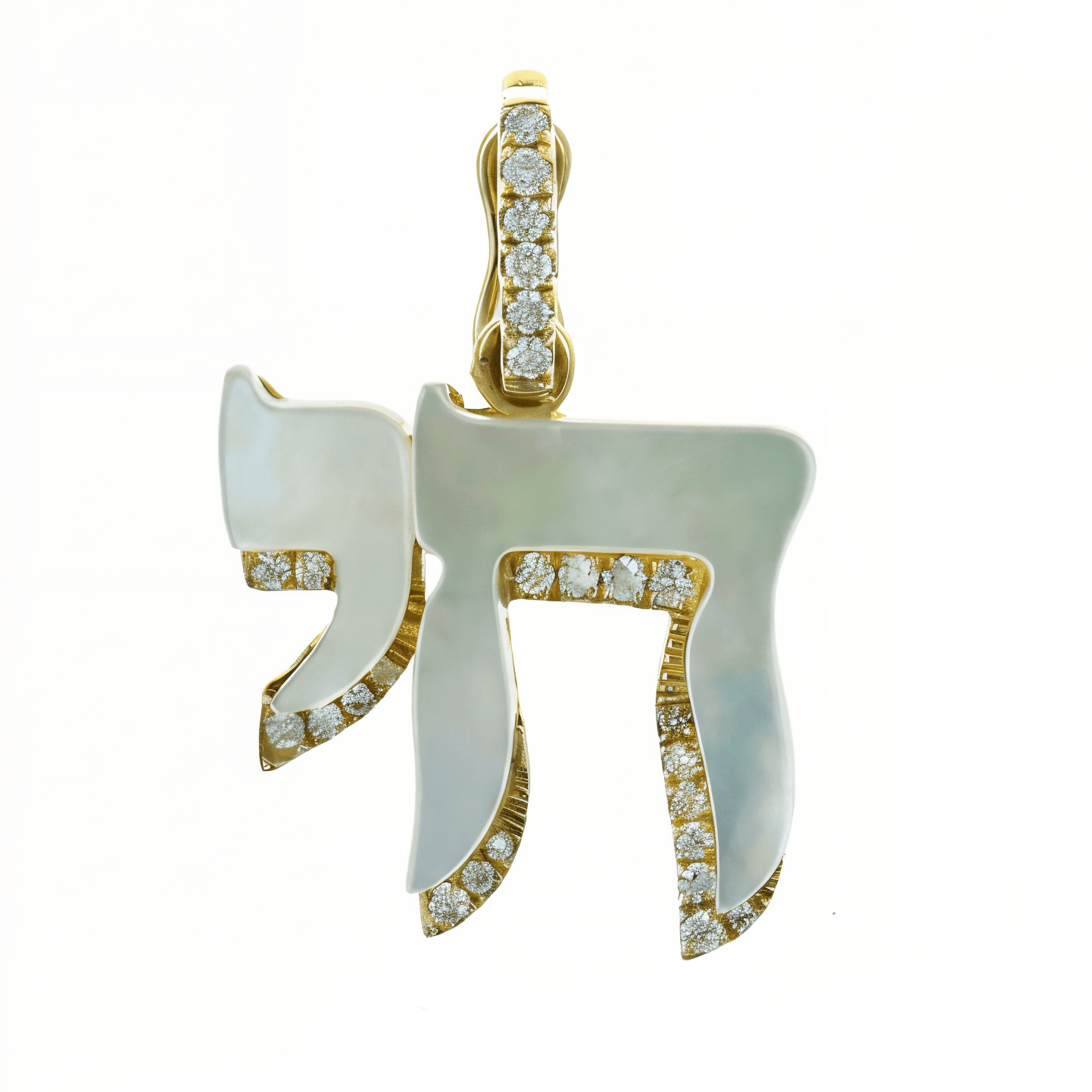 Hebrew Chai Gemstone Diamond Shadow Pendant in 14k gold with mother of pearl and diamonds, elegant jewelry piece.