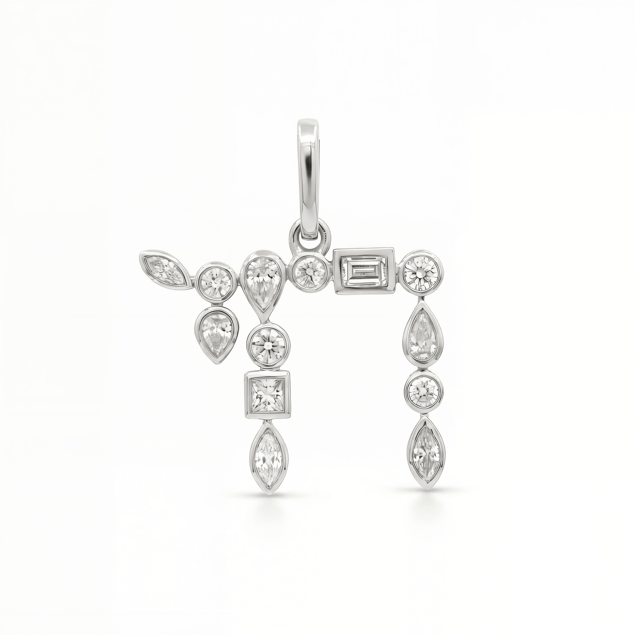Hebrew Chai Multi Shape Diamond Pendant featuring various diamond cuts in a stunning design.