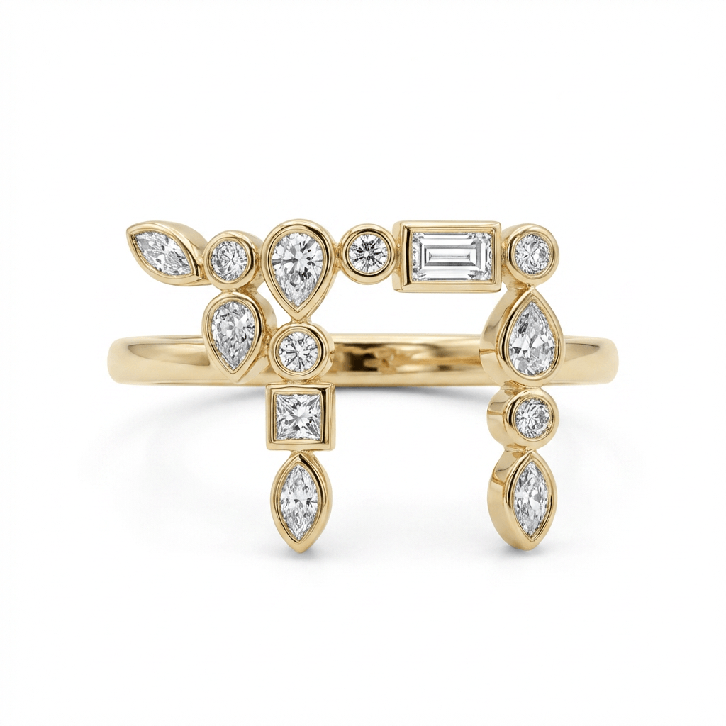 Hebrew Chai Multi Shape Diamond Ring with various diamond cuts set in 14k gold, showcasing an elegant design.