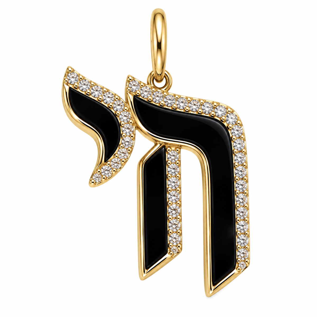 Hebrew Chai Gemstone Diamond Pendant in onyx and 14k yellow gold with natural diamonds