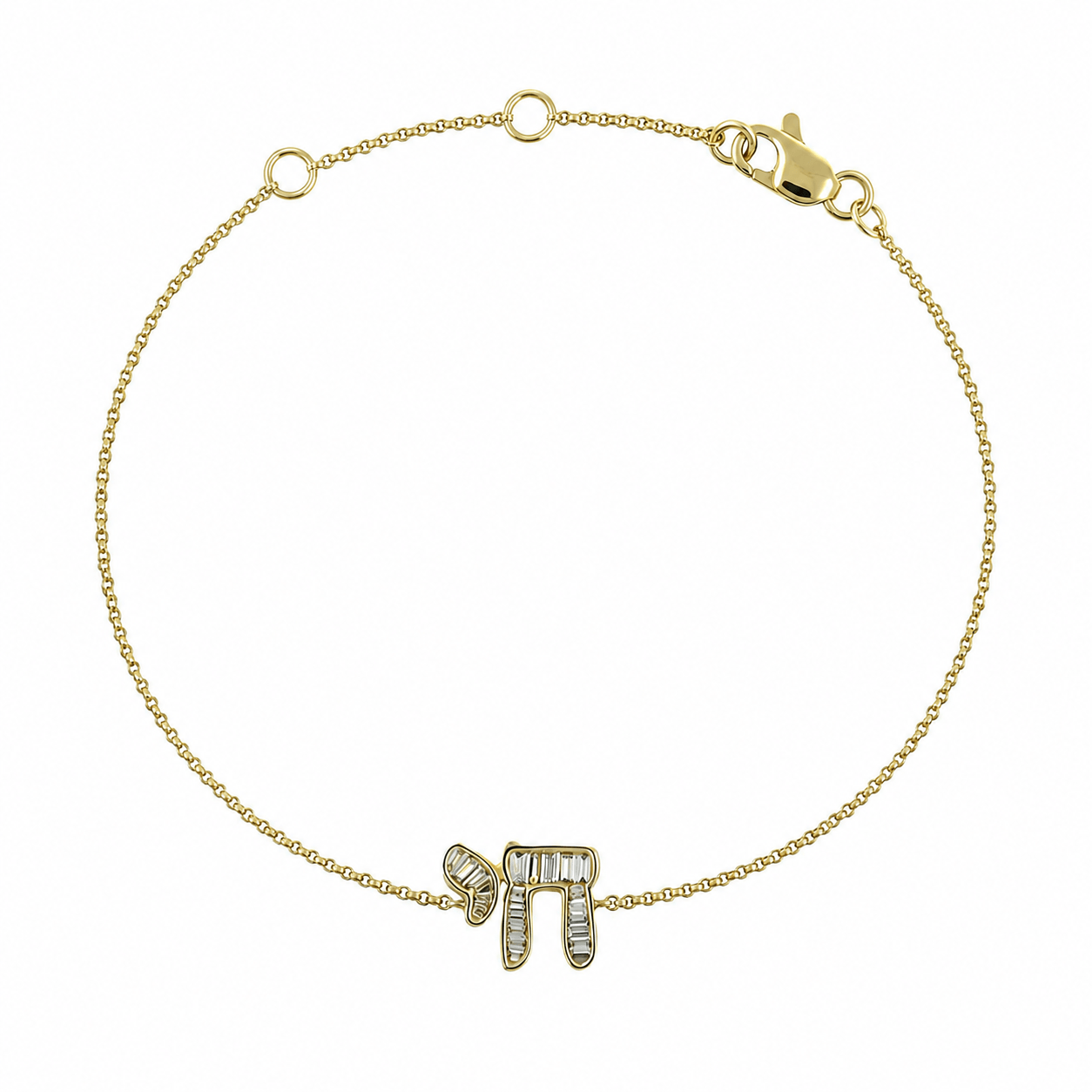 Hebrew Chai Baguette Diamond Bracelet featuring baguette diamonds set in 14K gold, available in small and medium sizes.