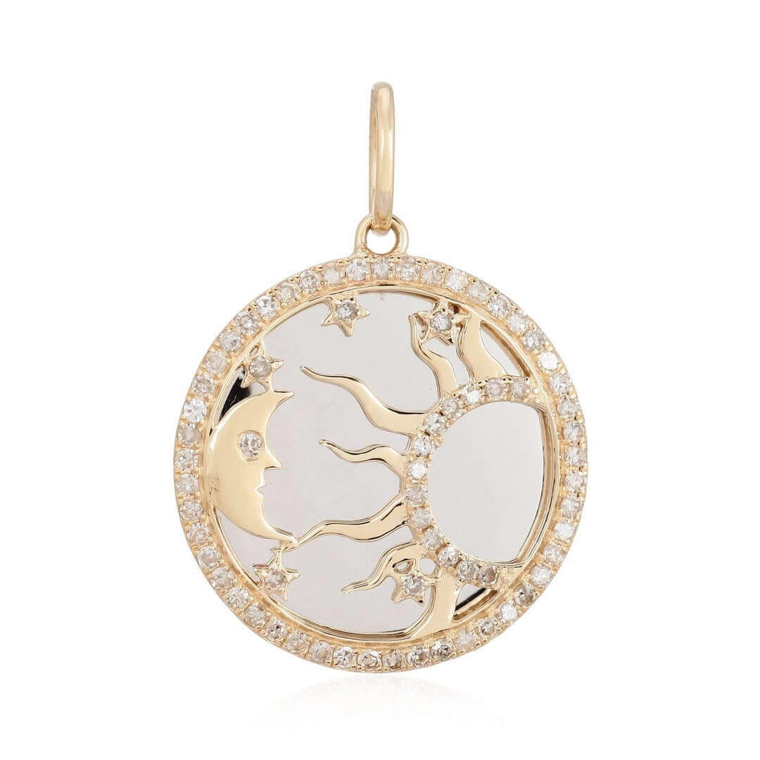 Diamond Sun Moon & Stars Medallion Necklace Charm in 14k gold with diamond embellishments.